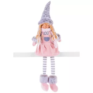 MagicHome karácsonyi dekoráció, lány figura magas kalappal, szövet, 17 x 12 x 54 cm, rózsaszín-szürke