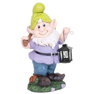 Kerti dekoráció, MagicHome, törpe lámpással, lila, 25 x 20,5 x 45,5 cm, kerámia