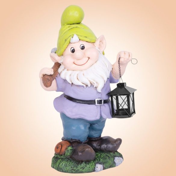 Kerti dekoráció, MagicHome, törpe lámpással, lila, 25 x 20,5 x 45,5 cm, kerámia