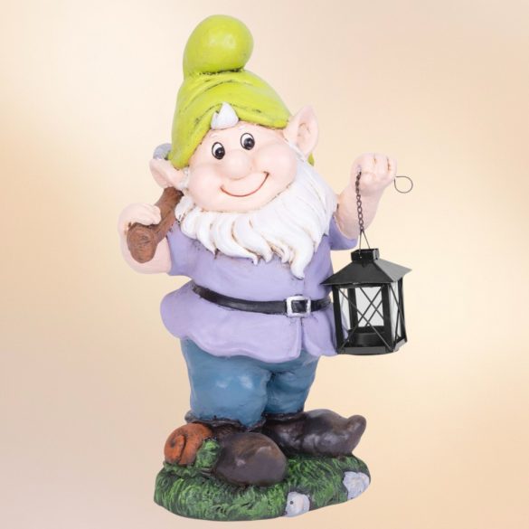 Kerti dekoráció, MagicHome, törpe lámpással, lila, 25 x 20,5 x 45,5 cm, kerámia