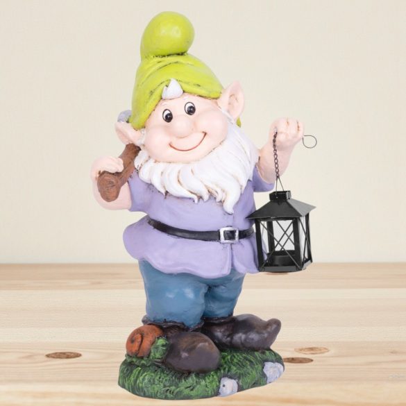 Kerti dekoráció, MagicHome, törpe lámpással, lila, 25 x 20,5 x 45,5 cm, kerámia