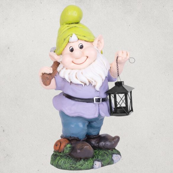 Kerti dekoráció, MagicHome, törpe lámpással, lila, 25 x 20,5 x 45,5 cm, kerámia