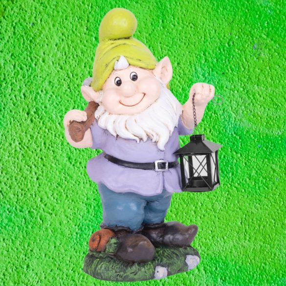 Kerti dekoráció, MagicHome, törpe lámpással, lila, 25 x 20,5 x 45,5 cm, kerámia