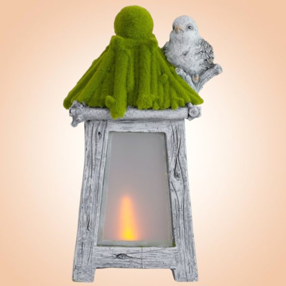 Kerti dekoráció, MagicHome, madár szolár LED lámpással, szürke, 26 x 20 x 45 cm, kerámia