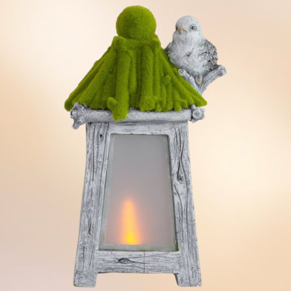 Kerti dekoráció, MagicHome, madár szolár LED lámpással, szürke, 26 x 20 x 45 cm, kerámia