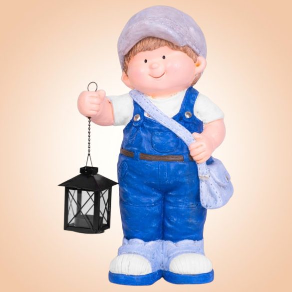 Kerti dekoráció, MagicHome, kisfiú lámpással, kék, 22,5 x 16 x 41 cm, kerámia