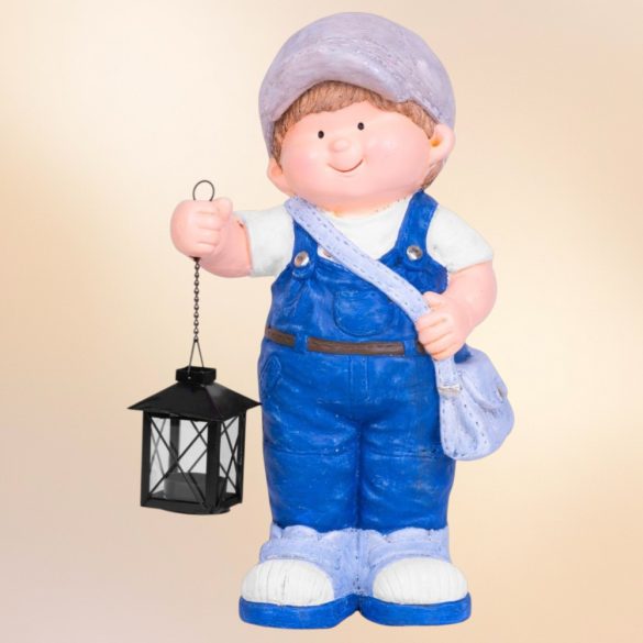 Kerti dekoráció, MagicHome, kisfiú lámpással, kék, 22,5 x 16 x 41 cm, kerámia