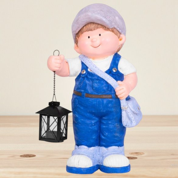 Kerti dekoráció, MagicHome, kisfiú lámpással, kék, 22,5 x 16 x 41 cm, kerámia