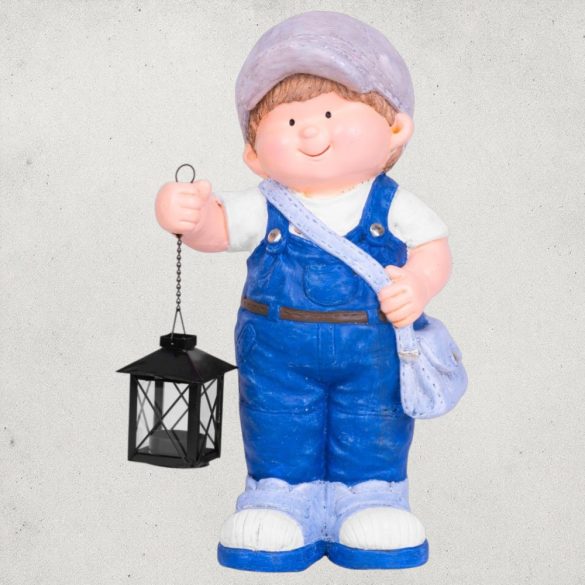 Kerti dekoráció, MagicHome, kisfiú lámpással, kék, 22,5 x 16 x 41 cm, kerámia