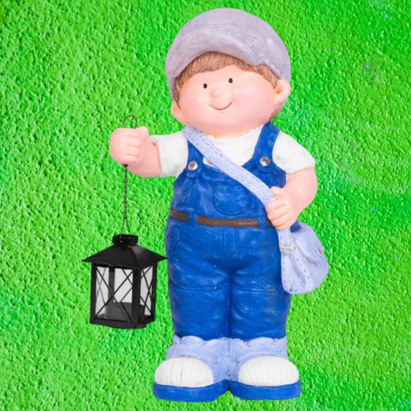 Kerti dekoráció, MagicHome, kisfiú lámpással, kék, 22,5 x 16 x 41 cm, kerámia