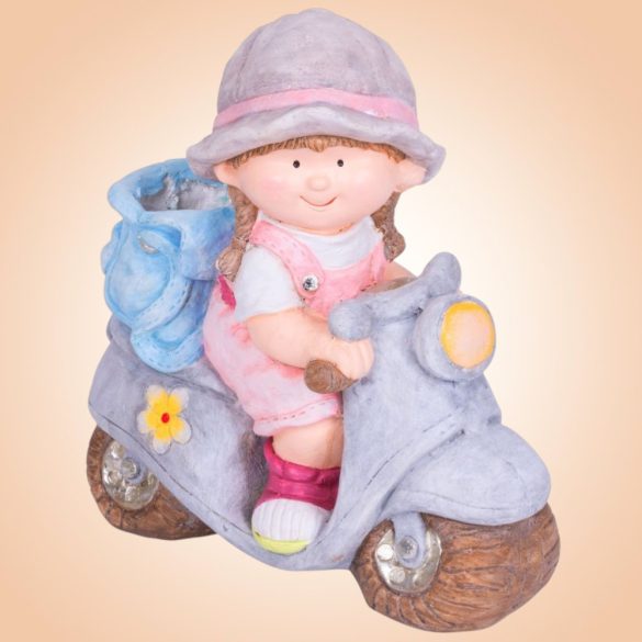 Kerti dekoráció, MagicHome, kislány robogón, rózsaszín, 36,5 x 17,5 x 37,5 cm, kerámia, egyben virágtartó is