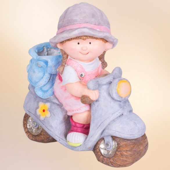 Kerti dekoráció, MagicHome, kislány robogón, rózsaszín, 36,5 x 17,5 x 37,5 cm, kerámia, egyben virágtartó is