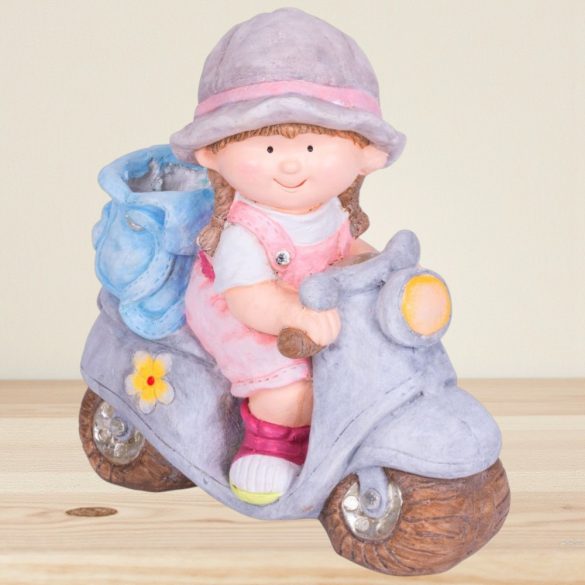 Kerti dekoráció, MagicHome, kislány robogón, rózsaszín, 36,5 x 17,5 x 37,5 cm, kerámia, egyben virágtartó is