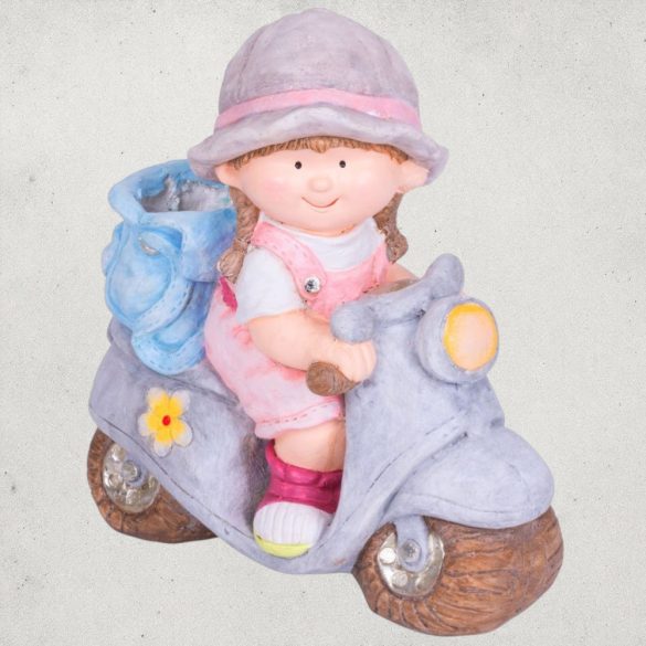 Kerti dekoráció, MagicHome, kislány robogón, rózsaszín, 36,5 x 17,5 x 37,5 cm, kerámia, egyben virágtartó is