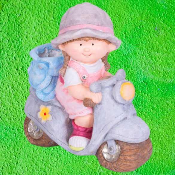 Kerti dekoráció, MagicHome, kislány robogón, rózsaszín, 36,5 x 17,5 x 37,5 cm, kerámia, egyben virágtartó is