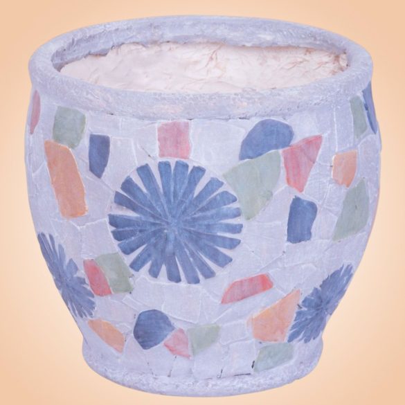 Kerámia virágcserép, MagicHome, szürke, mozaikkal díszített, átmérő: 27,5 cm, magasság: 25 cm, kézzel kirakott minták, kerek