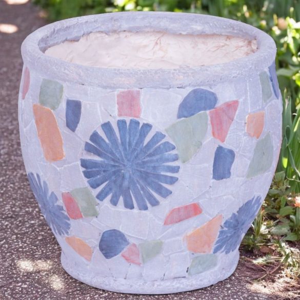 Kerámia virágcserép, MagicHome, szürke, mozaikkal díszített, átmérő: 27,5 cm, magasság: 25 cm, kézzel kirakott minták, kerek