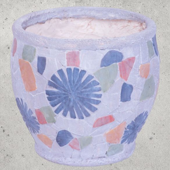 Kerámia virágcserép, MagicHome, szürke, mozaikkal díszített, átmérő: 27,5 cm, magasság: 25 cm, kézzel kirakott minták, kerek