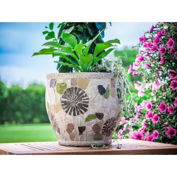 Kerámia virágcserép, MagicHome, mozaikkal díszített, átmérő: 27,5 cm, magasság: 25 cm, kézzel kirakott minták, kerek