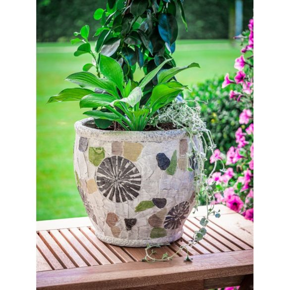 Kerámia virágcserép, MagicHome, mozaikkal díszített, átmérő: 27,5 cm, magasság: 25 cm, kézzel kirakott minták, kerek