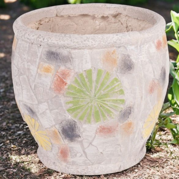 Kerámia virágcserép, MagicHome, mozaikkal díszített, átmérő: 27,5 cm, magasság: 25 cm, kézzel kirakott minták, kerek