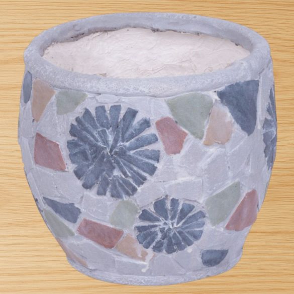 Kerámia virágcserép, MagicHome, szürke, mozaikkal díszített, átmérő: 22 cm, magasság: 19 cm, kézzel kirakott minták, kerek