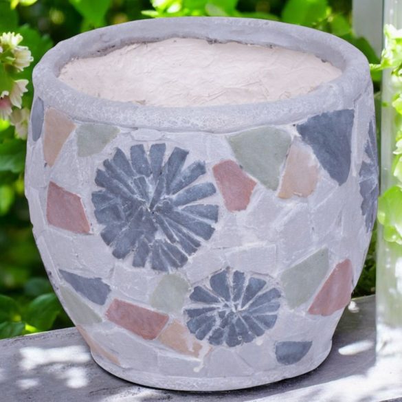 Kerámia virágcserép, MagicHome, szürke, mozaikkal díszített, átmérő: 22 cm, magasság: 19 cm, kézzel kirakott minták, kerek