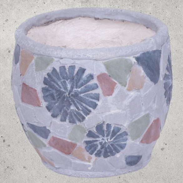 Kerámia virágcserép, MagicHome, szürke, mozaikkal díszített, átmérő: 22 cm, magasság: 19 cm, kézzel kirakott minták, kerek