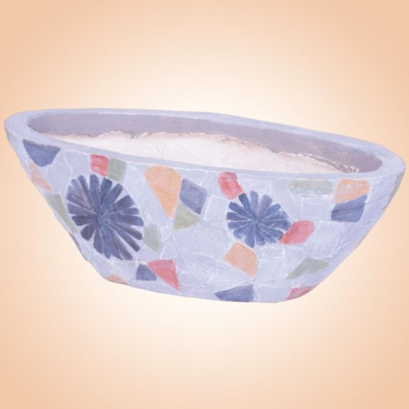 Kerámia virágcserép, MagicHome, szürke, mozaikkal díszített, 40,5 x 19 cm, magasság: 14 cm, kézzel kirakott minták, ovális