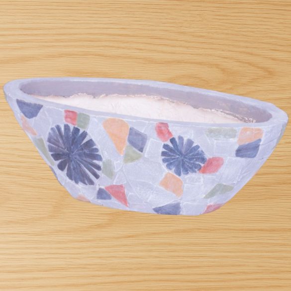 Kerámia virágcserép, MagicHome, szürke, mozaikkal díszített, 40,5 x 19 cm, magasság: 14 cm, kézzel kirakott minták, ovális