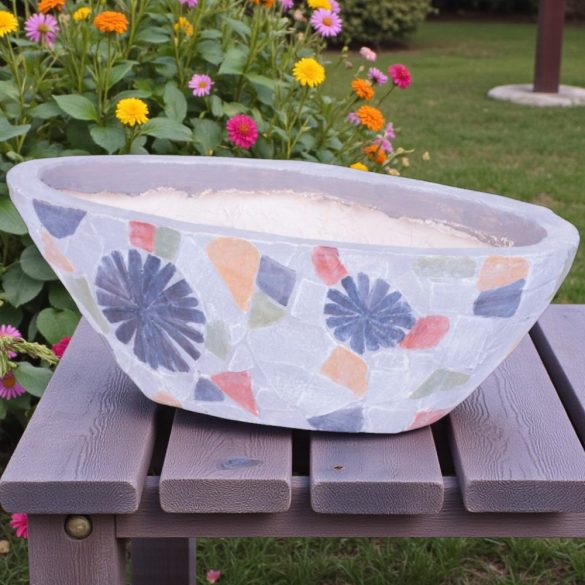 Kerámia virágcserép, MagicHome, szürke, mozaikkal díszített, 40,5 x 19 cm, magasság: 14 cm, kézzel kirakott minták, ovális