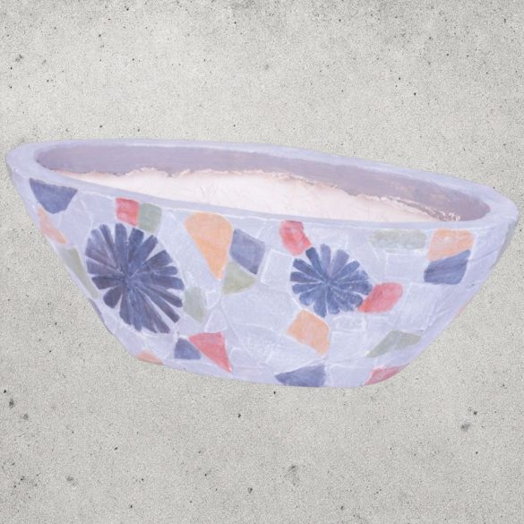 Kerámia virágcserép, MagicHome, szürke, mozaikkal díszített, 40,5 x 19 cm, magasság: 14 cm, kézzel kirakott minták, ovális