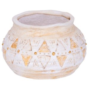 Kerámia virágcserép, MagicHome, világosbarna, aranyszínű mozaikkal díszített, átmérő: 36 cm, magasság: 23 cm, kézzel kirakott minták, kerek