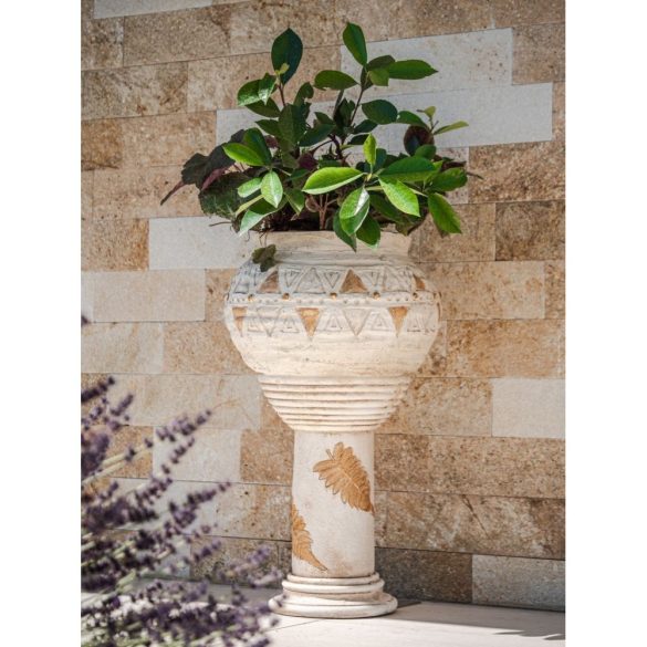 Kerámia virágcserép, MagicHome, világosbarna, aranyszínű mozaikkal díszített, átmérő: 36 cm, magasság: 23 cm, kézzel kirakott minták, kerek