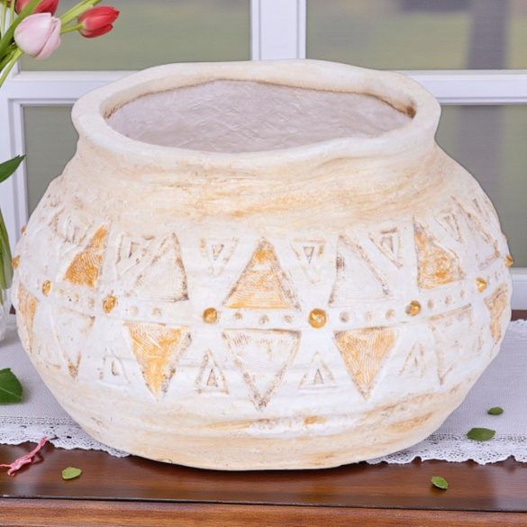 Kerámia virágcserép, MagicHome, világosbarna, aranyszínű mozaikkal díszített, átmérő: 36 cm, magasság: 23 cm, kézzel kirakott minták, kerek