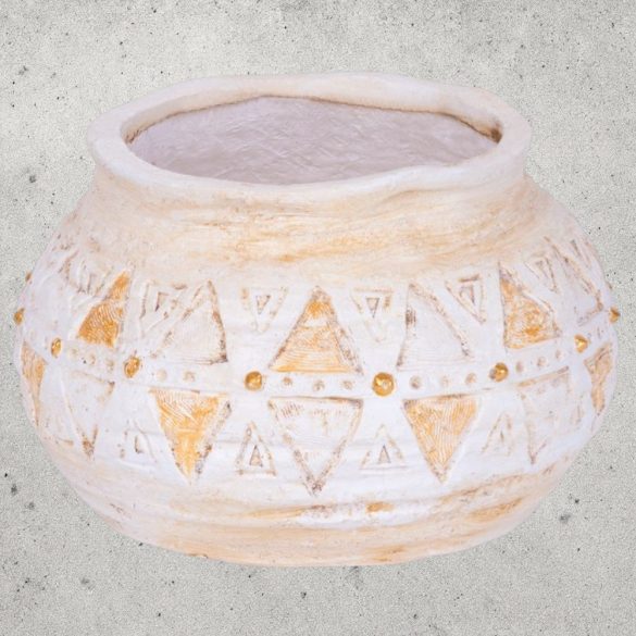 Kerámia virágcserép, MagicHome, világosbarna, aranyszínű mozaikkal díszített, átmérő: 36 cm, magasság: 23 cm, kézzel kirakott minták, kerek