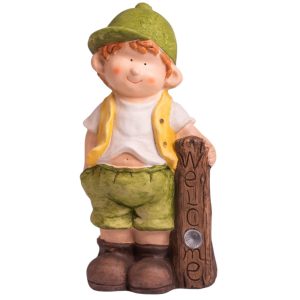 Kerti dekoráció, MagicHome, kisfiú szolár LED táblával, barna, 24 x 18 x 49 cm, kerámia