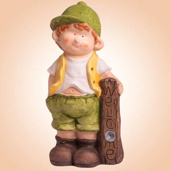 Kerti dekoráció, MagicHome, kisfiú szolár LED táblával, barna, 24 x 18 x 49 cm, kerámia