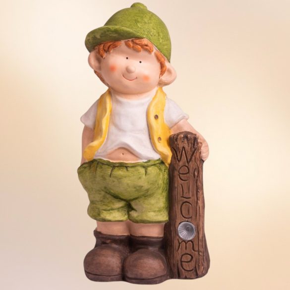 Kerti dekoráció, MagicHome, kisfiú szolár LED táblával, barna, 24 x 18 x 49 cm, kerámia