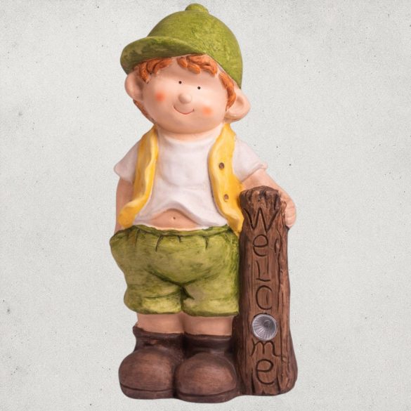 Kerti dekoráció, MagicHome, kisfiú szolár LED táblával, barna, 24 x 18 x 49 cm, kerámia