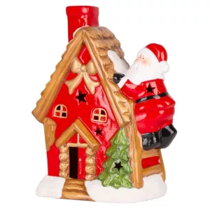 MagicHome karácsonyi dekoráció, házikó Mikulással a tetőn, LED, terrakotta, 27 x 13 x 34 cm