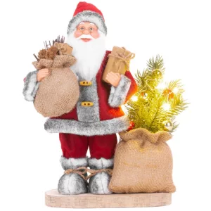 MagicHome karácsonyi dekoráció, Mikulás táskával és karácsonyfával, 6 melegfehér LED, 30 cm