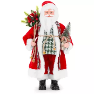 MagicHome karácsonyi dekoráció, Mikulás egy zsák ajándékkal és karácsonyfával, kerámia, 46 cm