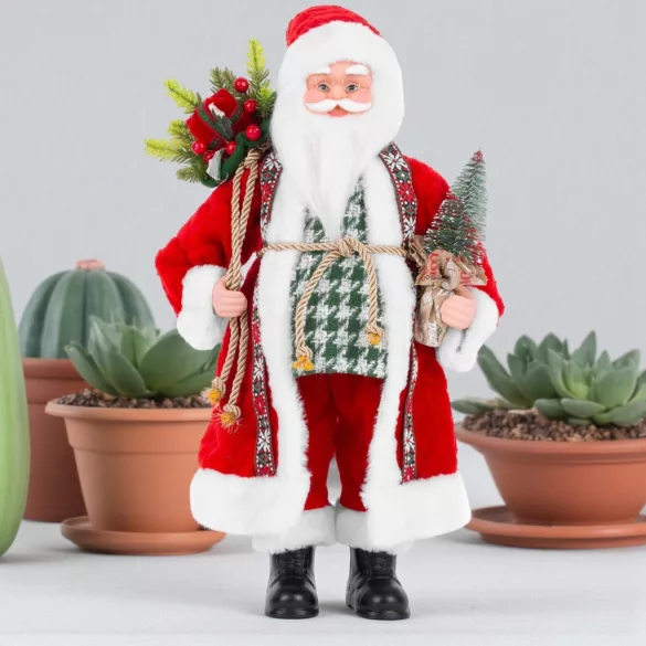 MagicHome karácsonyi dekoráció, Mikulás egy zsák ajándékkal és karácsonyfával, kerámia, 46 cm