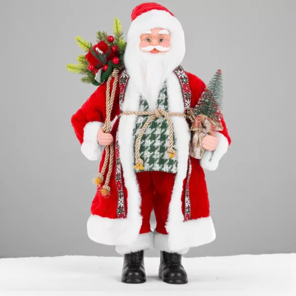 MagicHome karácsonyi dekoráció, Mikulás egy zsák ajándékkal és karácsonyfával, kerámia, 46 cm
