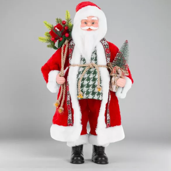 MagicHome karácsonyi dekoráció, Mikulás egy zsák ajándékkal és karácsonyfával, kerámia, 46 cm