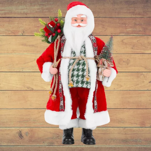 MagicHome karácsonyi dekoráció, Mikulás egy zsák ajándékkal és karácsonyfával, kerámia, 46 cm