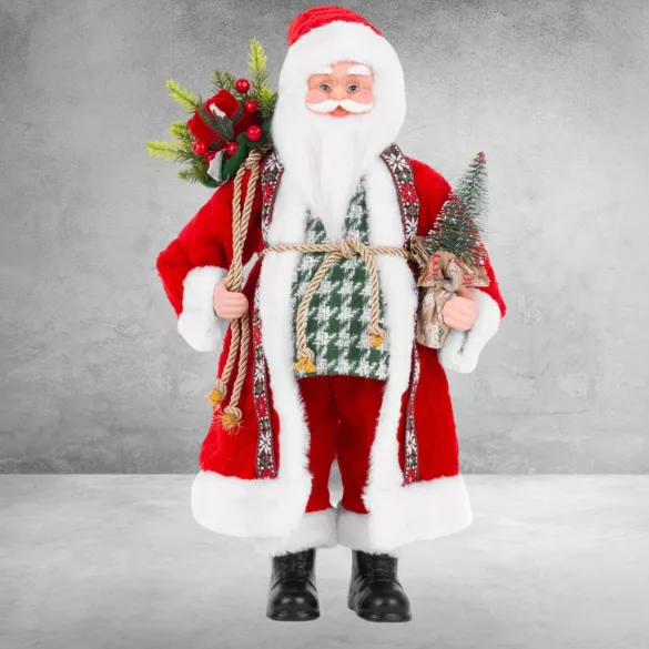 MagicHome karácsonyi dekoráció, Mikulás egy zsák ajándékkal és karácsonyfával, kerámia, 46 cm