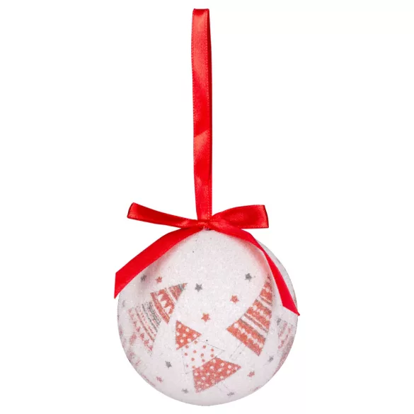 MagicHome karácsonyi gömbök, karácsonyfákkal, 6 db, 7,5 cm, piros-fehér, karácsonyfára