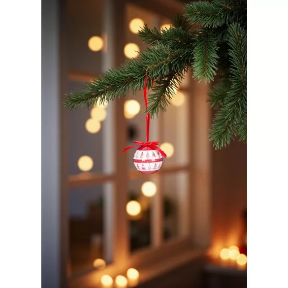MagicHome karácsonyi gömbök, karácsonyfákkal, 6 db, 7,5 cm, piros-fehér, karácsonyfára